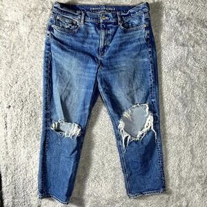 American Eagle Outfitters Real Good Tapered Jeans Women 14 Blue Denim Distressed